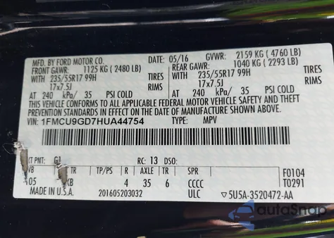 2017 Ford Escape Se z USA, uszkodzony, nr VIN 1FMCU9GD7HUA44754